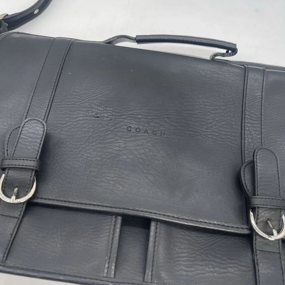 Coach Leather Messenger Briefcase Laptop Bag With Shoulder Strap Black Buckles